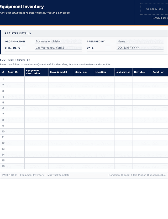 Equipment inventory template template preview showing fields and layout