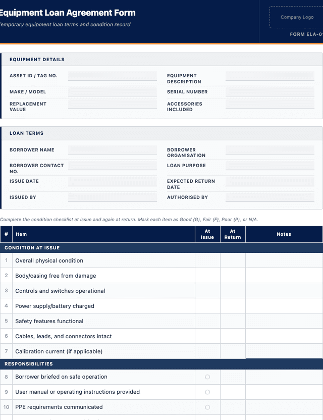 Equipment loan agreement form template preview showing fields and layout