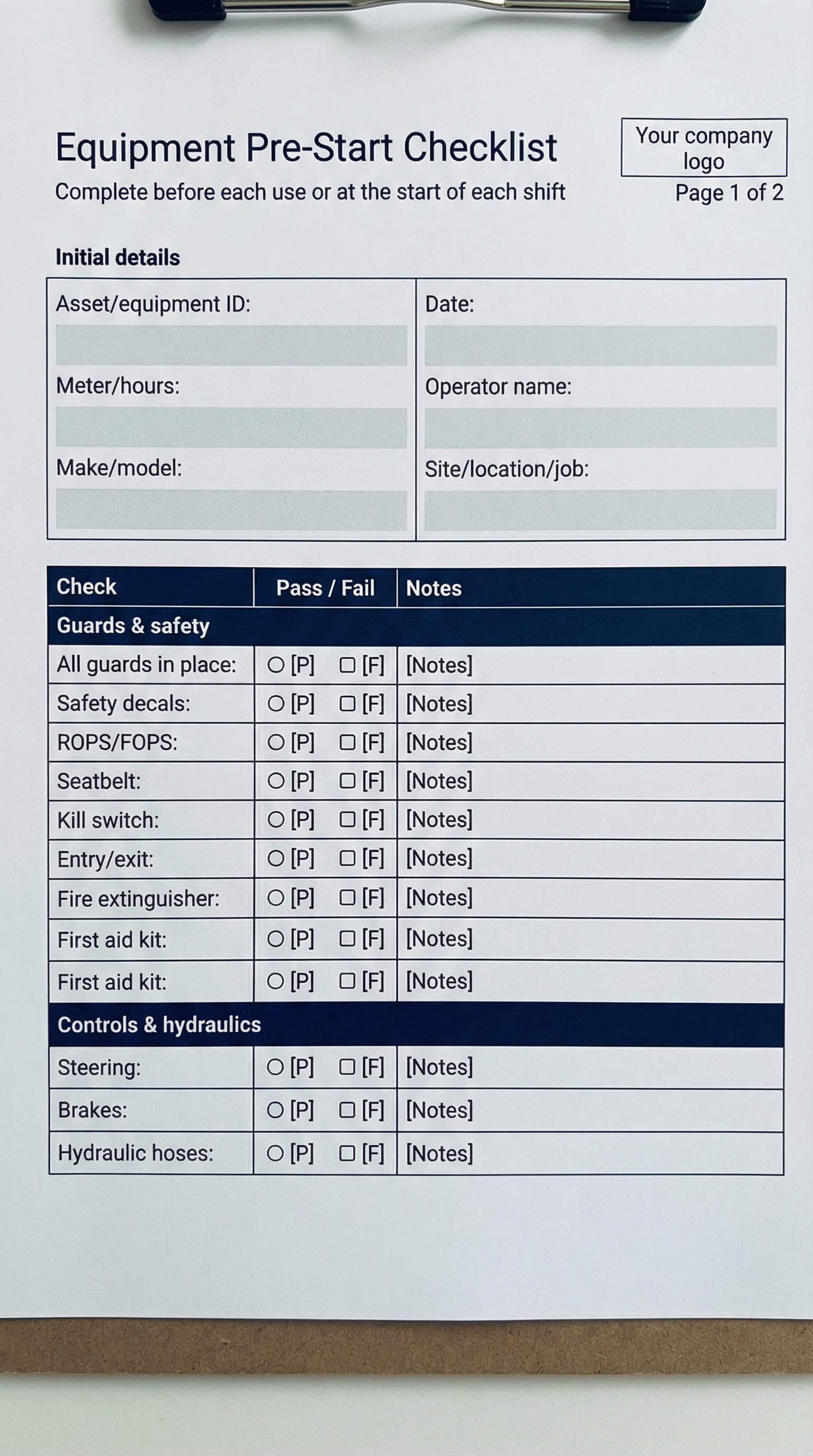 Equipment pre-start checklist template, page 1 of 2 – asset ID, operator, guards, controls, fluids, declaration, signature