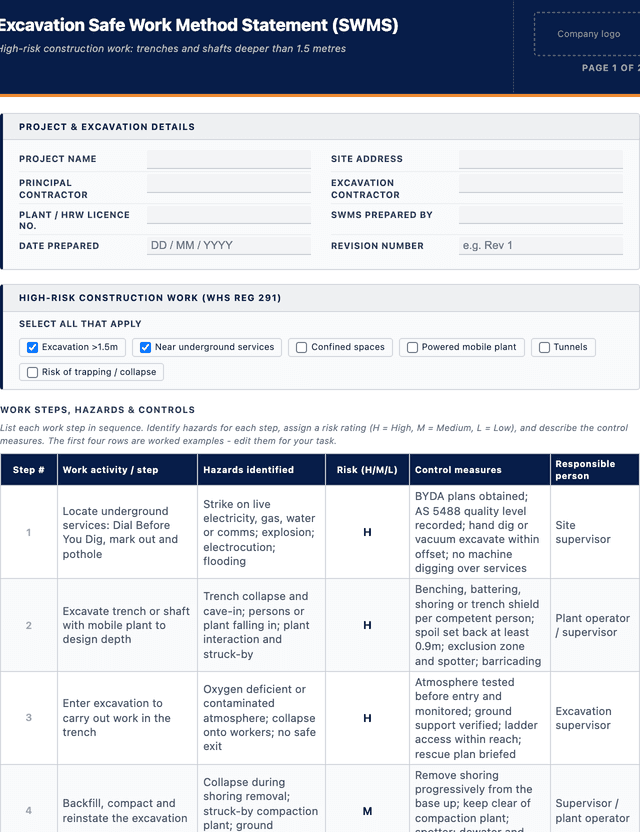 Excavation SWMS template template preview showing fields and layout