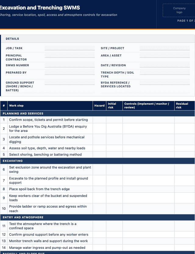Excavation and Trenching SWMS template preview showing fields and layout