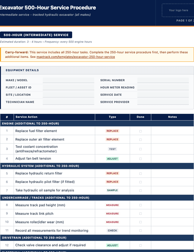 Excavator 500-hour service procedure template preview showing fields and layout