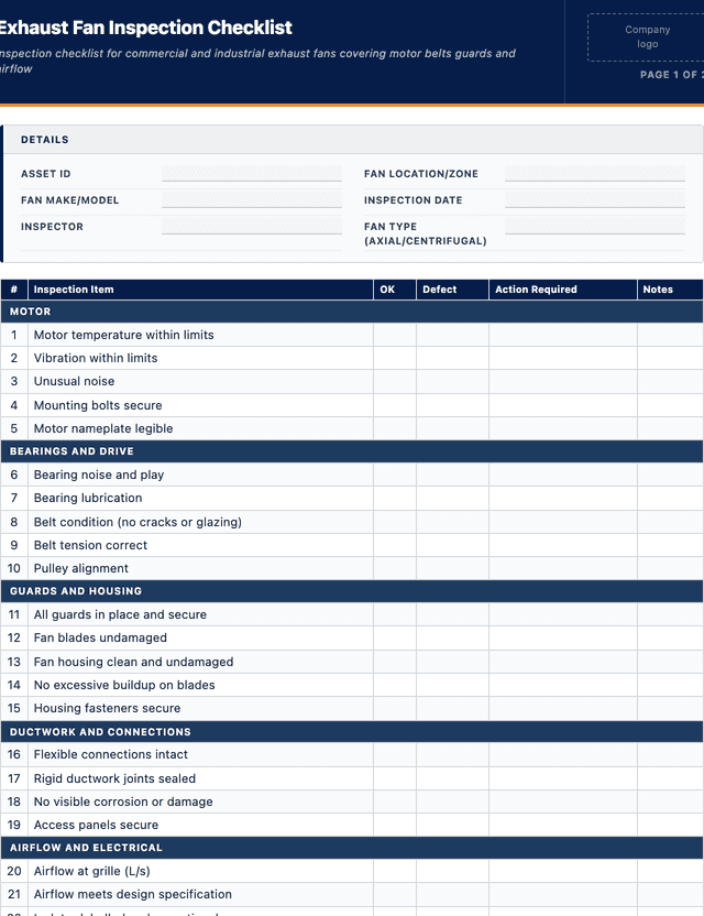 Exhaust fan inspection checklist template preview showing fields and layout