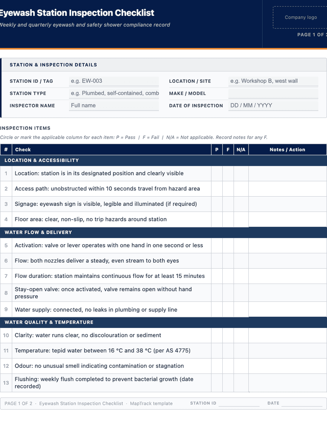 Eyewash station inspection checklist template preview showing fields and layout