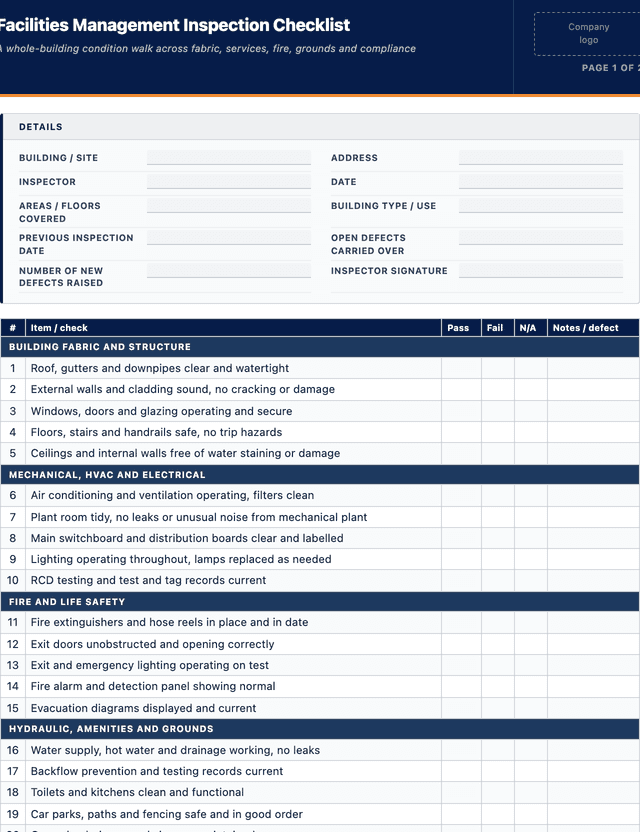 Facilities Management Inspection Checklist template preview showing fields and layout