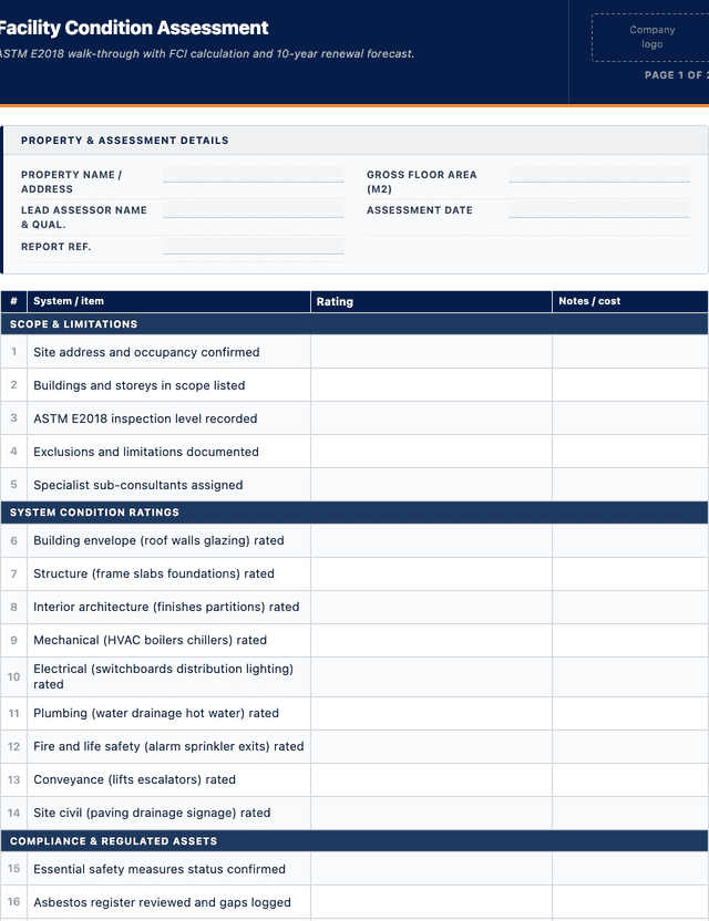 Facility condition assessment template template preview showing fields and layout