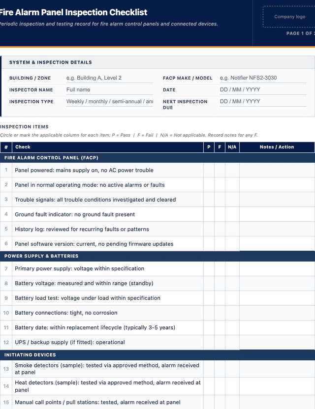 Fire Alarm Panel Inspection Checklist template preview showing fields and layout