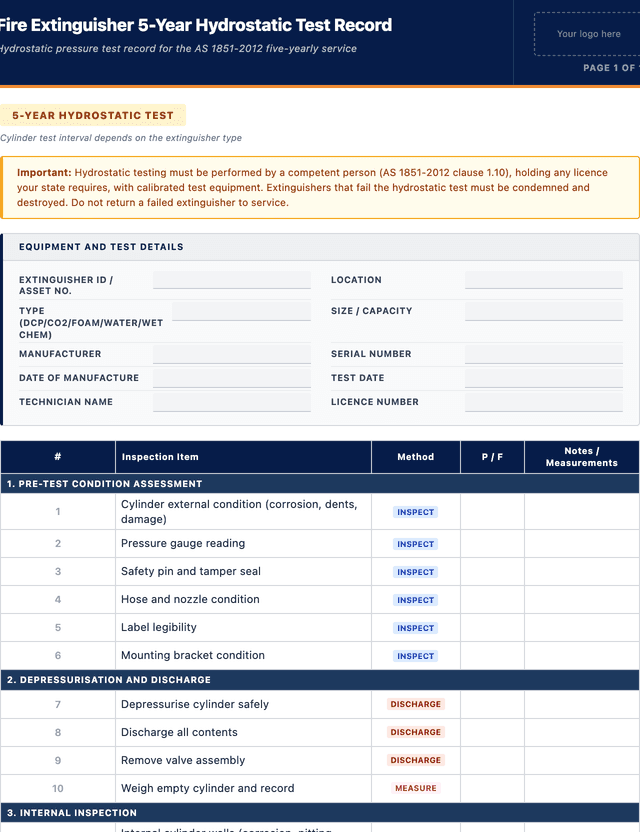 Fire extinguisher 5-year hydrostatic test record template preview showing fields and layout