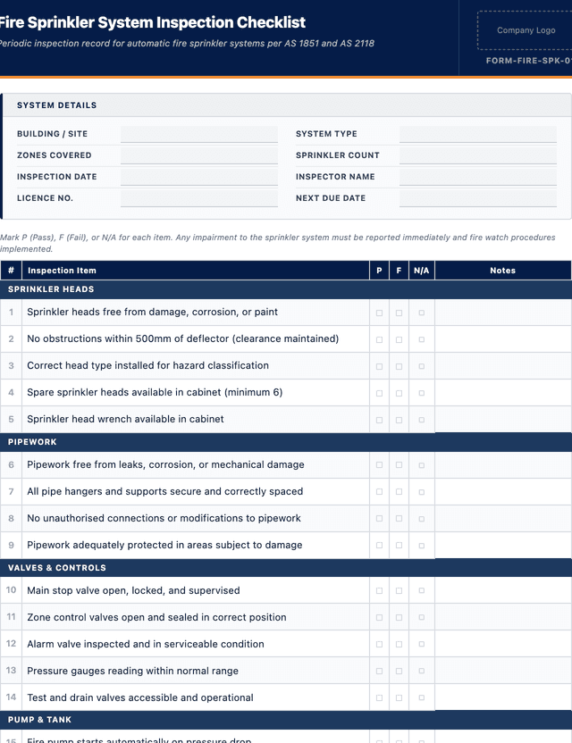 Fire sprinkler system inspection checklist template preview showing fields and layout