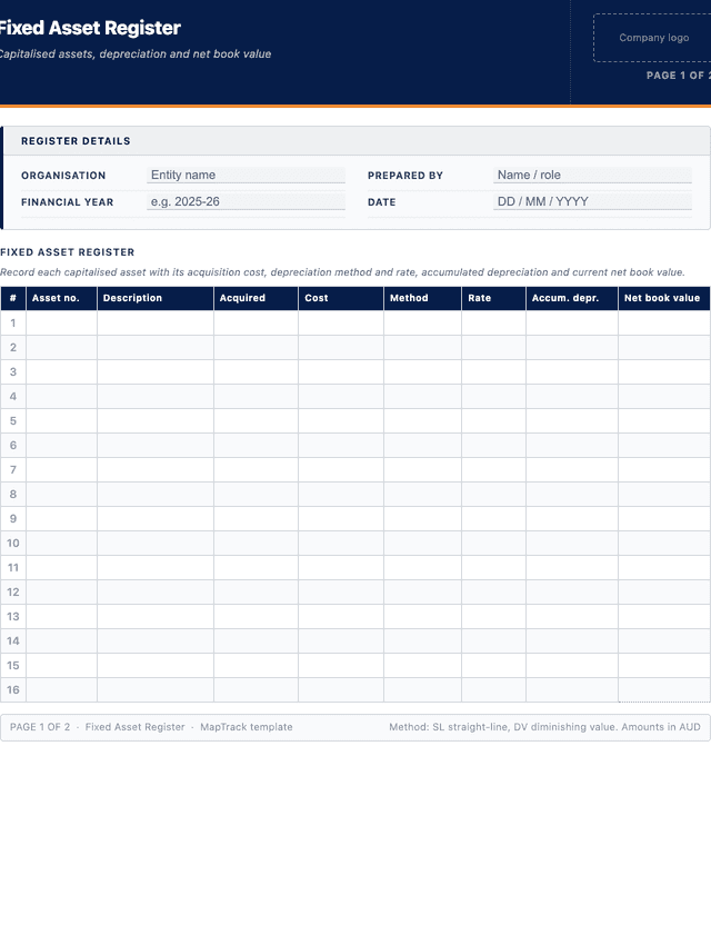 Fixed asset register template template preview showing fields and layout