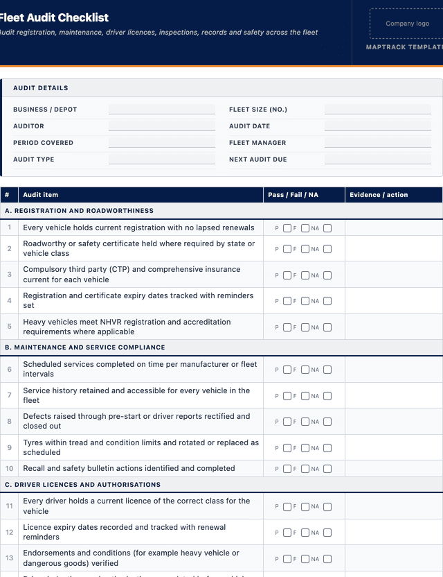 Fleet audit checklist template preview showing fields and layout