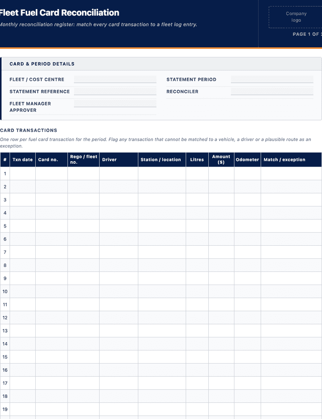 Fleet fuel card reconciliation template template preview showing fields and layout