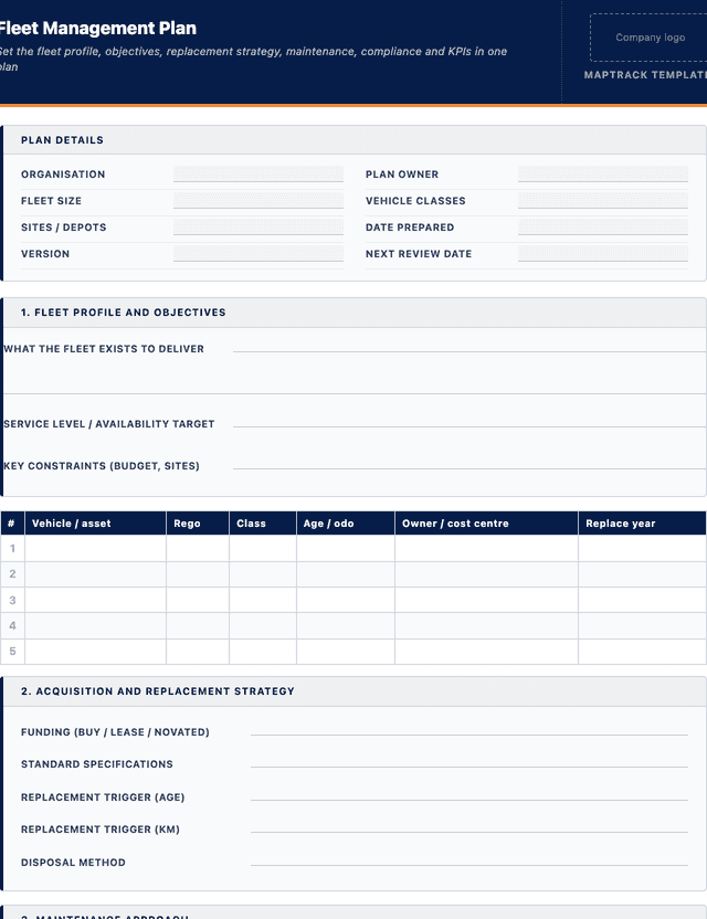 Fleet management plan template template preview showing fields and layout