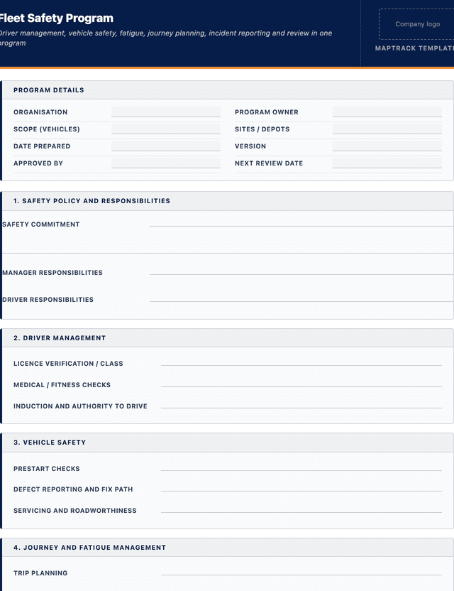 Fleet safety program template template preview showing fields and layout