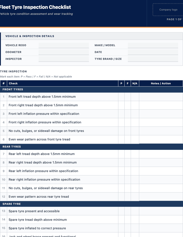 Fleet tyre inspection checklist template preview showing fields and layout