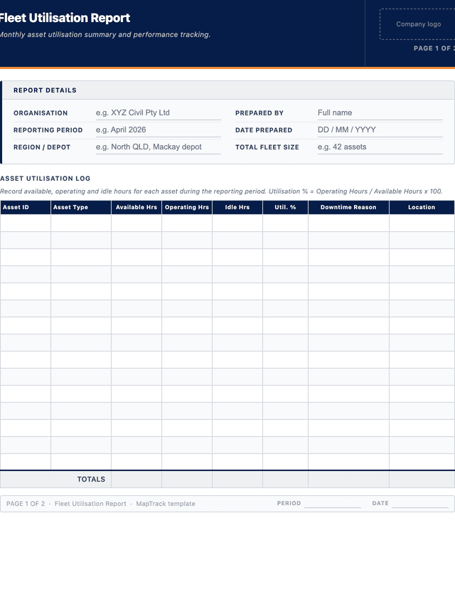 Fleet utilisation report template template preview showing fields and layout