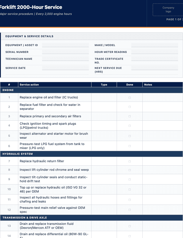 Forklift 2000-Hour Service Checklist template preview showing fields and layout