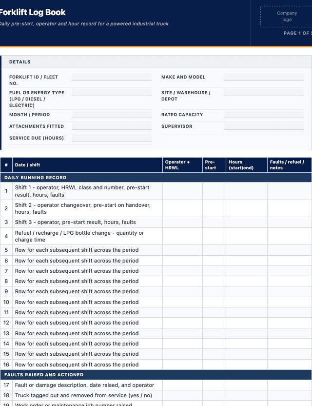 Forklift Log Book template preview showing fields and layout