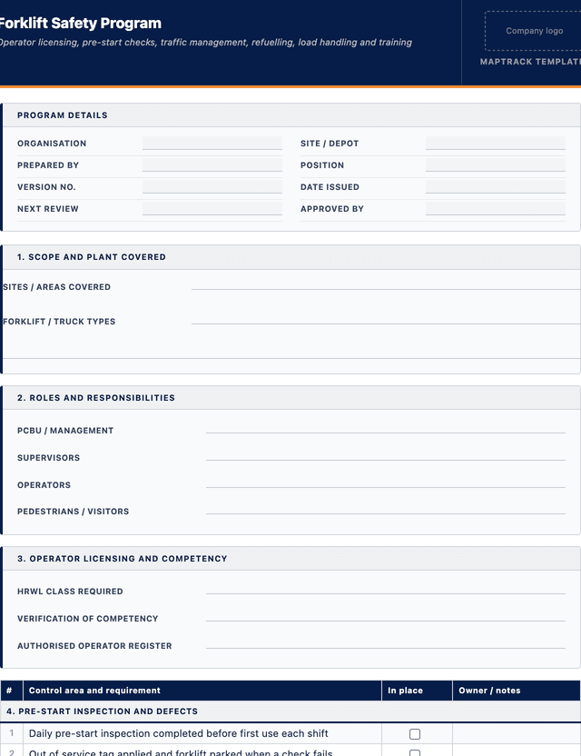 Forklift safety program template template preview showing fields and layout