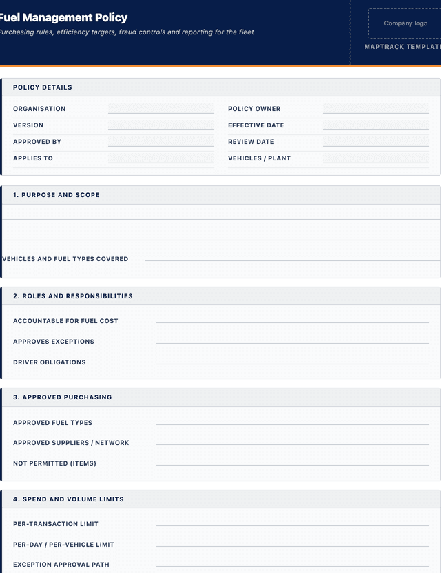 Fuel management policy template template preview showing fields and layout
