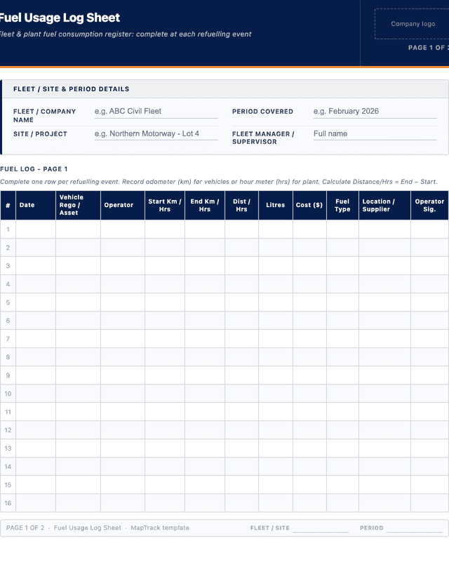 Fuel / usage log sheet template preview showing fields and layout