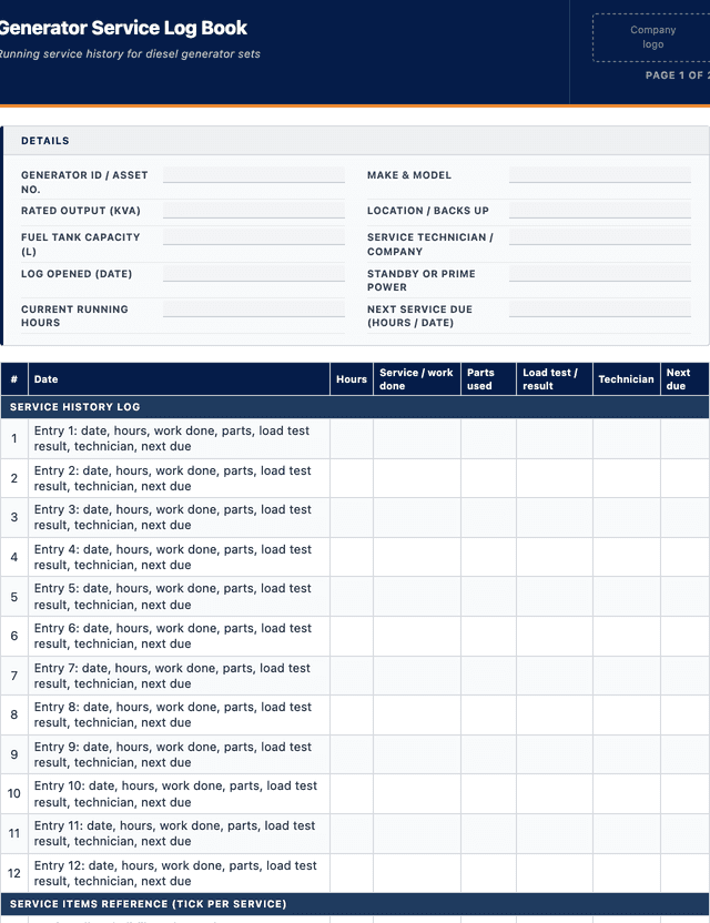 Generator Service Log Book template preview showing fields and layout