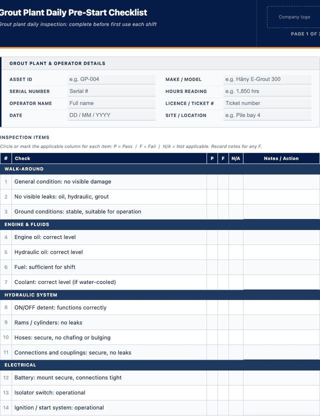 Grout plant pre-start checklist template preview showing fields and layout