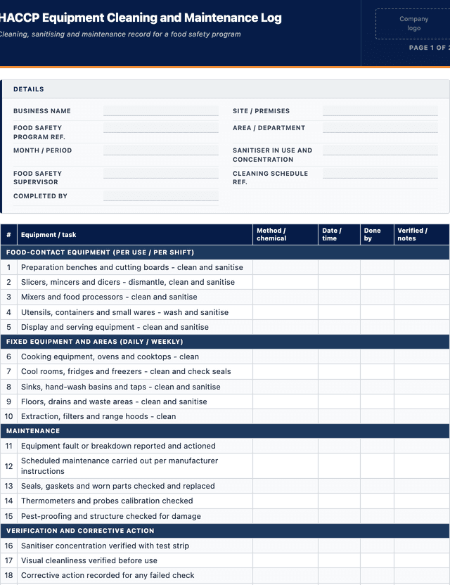 HACCP Equipment Cleaning and Maintenance Log template preview showing fields and layout