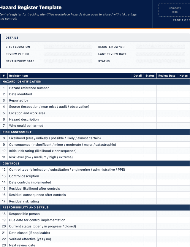 Hazard register template template preview showing fields and layout