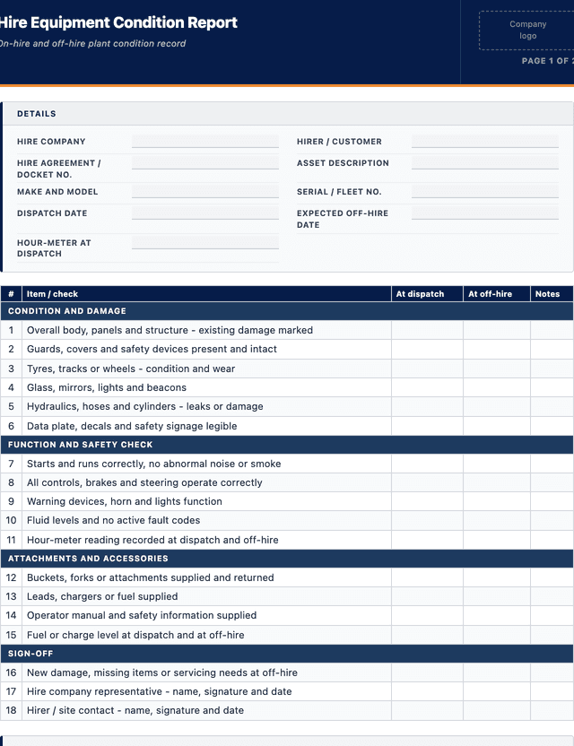 Hire Equipment Condition Report template preview showing fields and layout