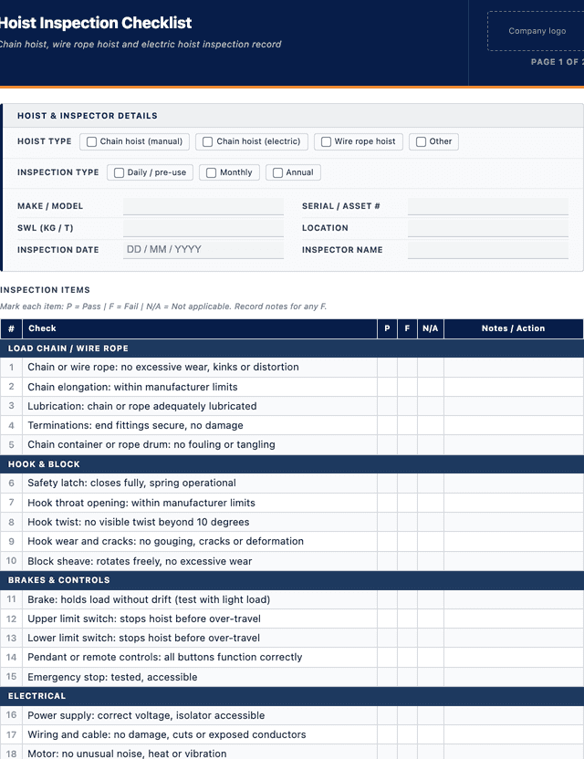 Hoist inspection checklist template preview showing fields and layout
