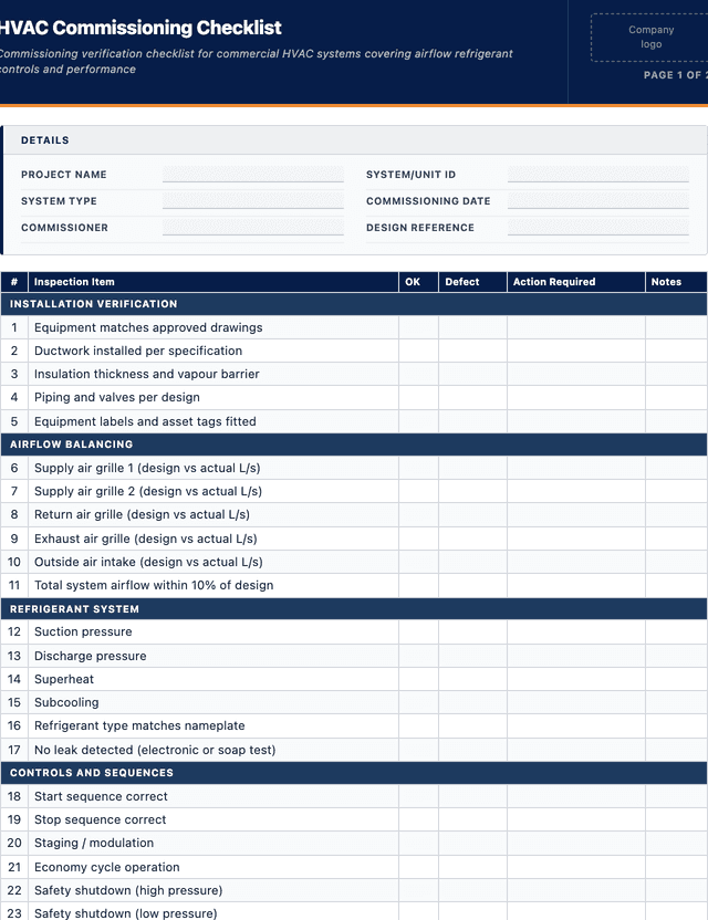HVAC commissioning checklist template preview showing fields and layout
