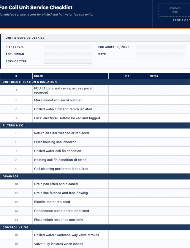 Fan coil unit service checklist template preview showing fields and layout