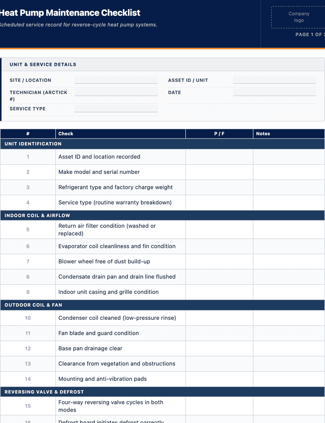 Heat pump maintenance checklist template preview showing fields and layout