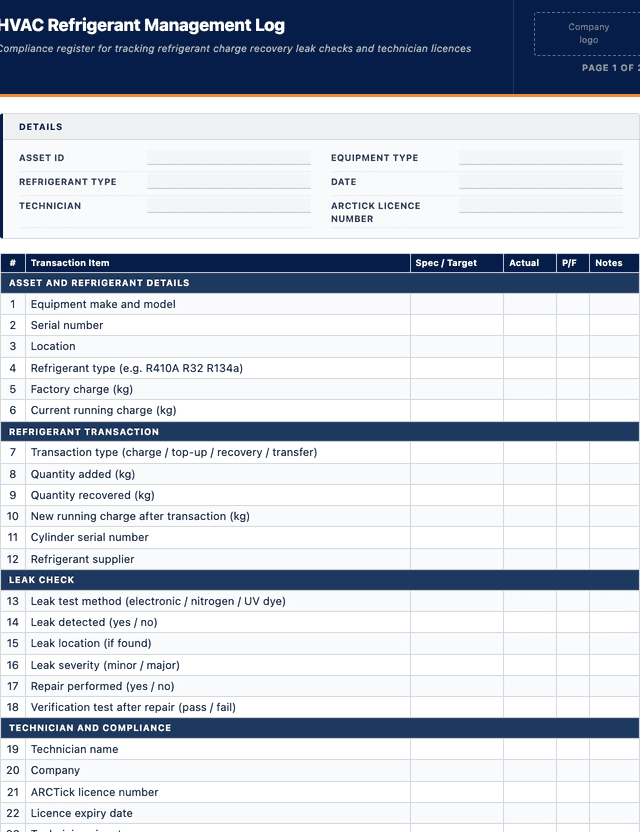 HVAC refrigerant management log template preview showing fields and layout