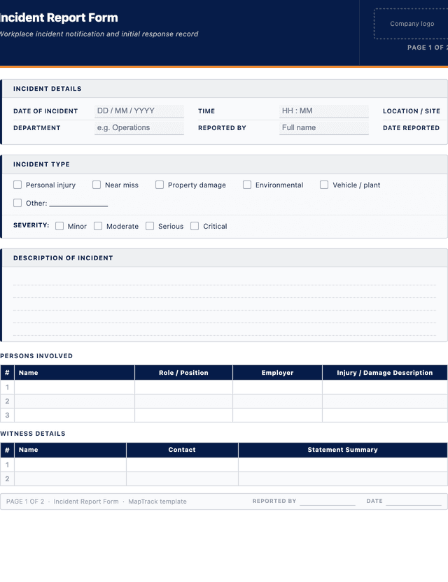 Incident report template template preview showing fields and layout