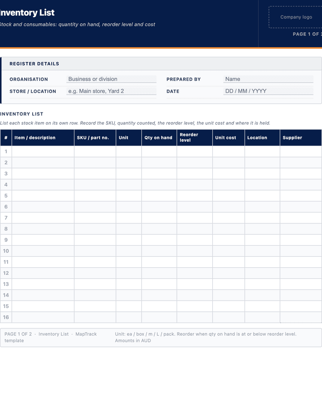 Inventory list template template preview showing fields and layout