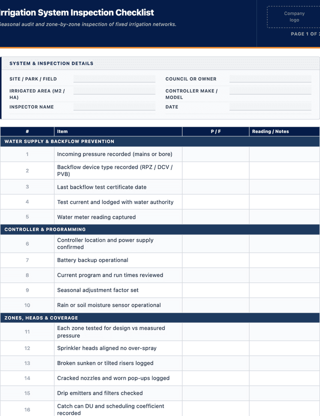 Irrigation system inspection checklist template preview showing fields and layout