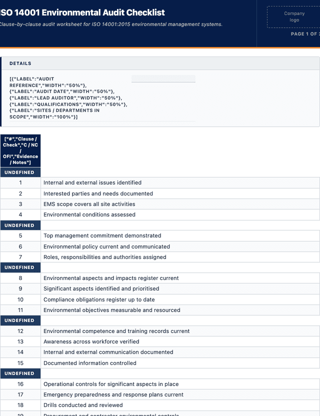ISO 14001 environmental audit checklist template preview showing fields and layout