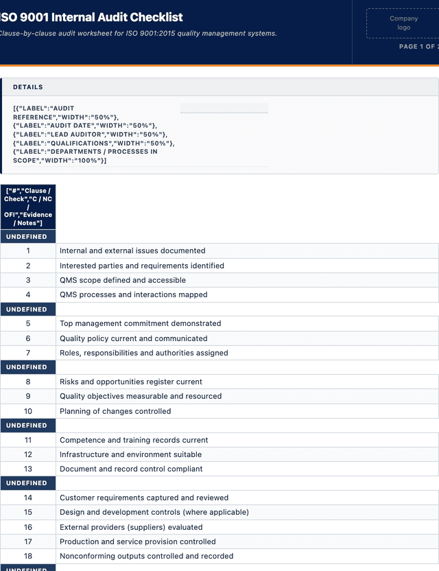 ISO 9001 internal audit checklist template preview showing fields and layout