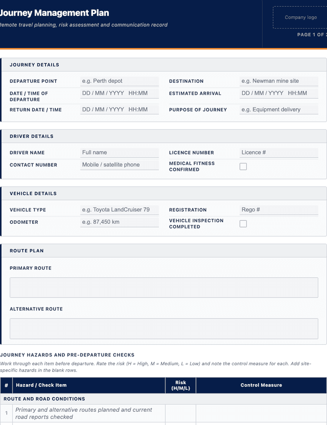 Journey management plan template template preview showing fields and layout