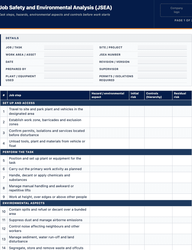 Job Safety and Environmental Analysis (JSEA) template preview showing fields and layout