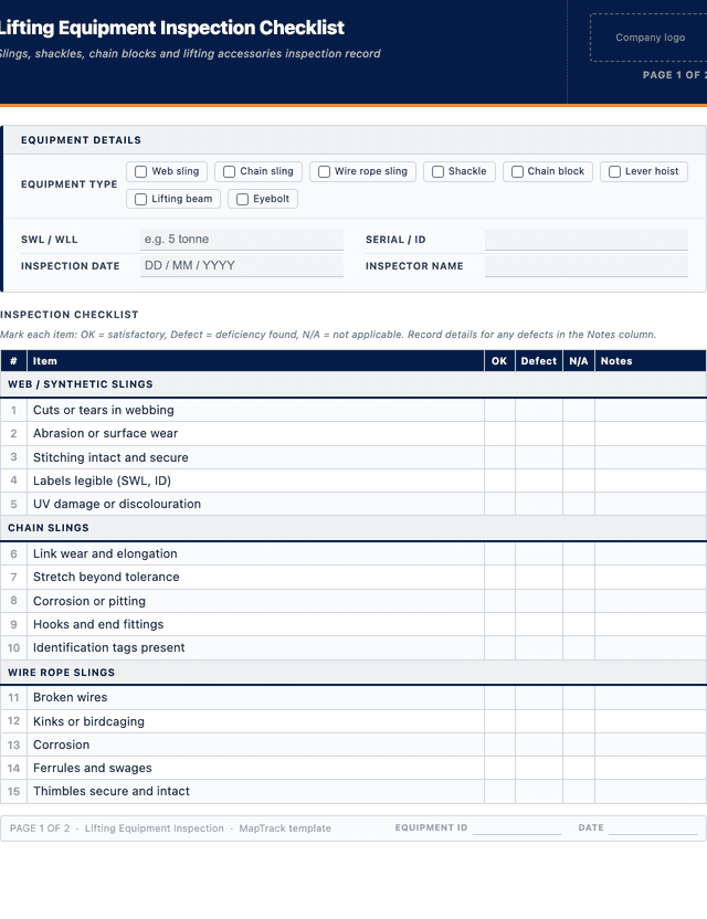 Lifting equipment inspection checklist template preview showing fields and layout