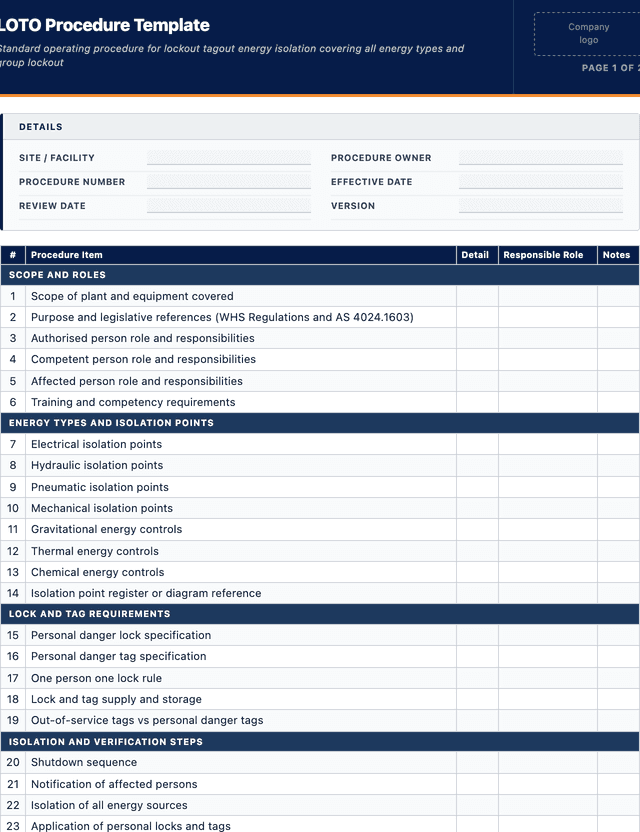 LOTO procedure template template preview showing fields and layout