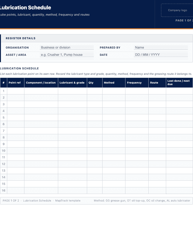 Lubrication schedule template template preview showing fields and layout