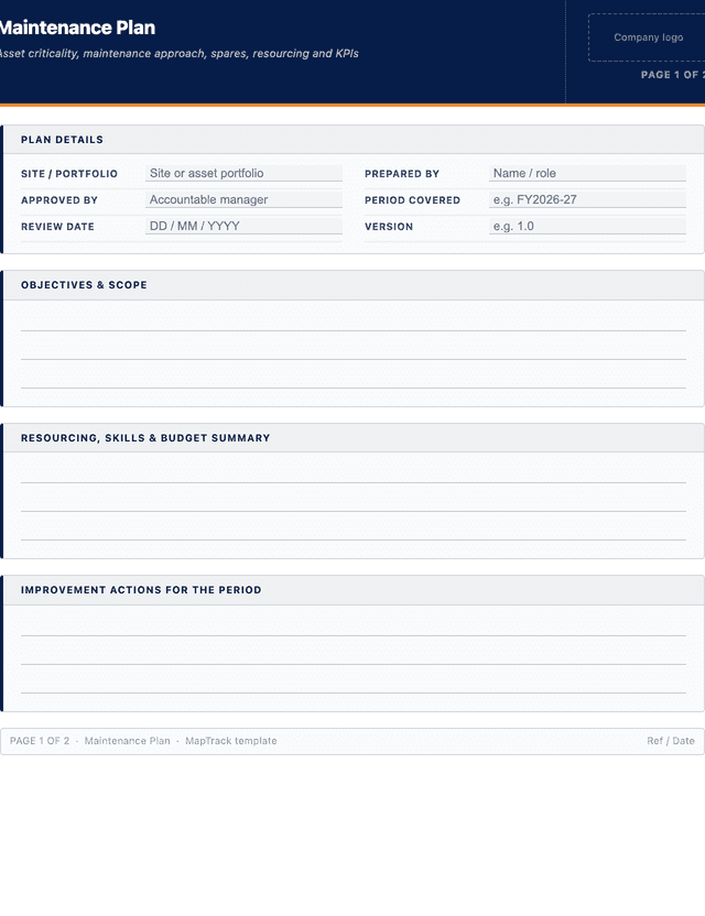 Maintenance plan template template preview showing fields and layout