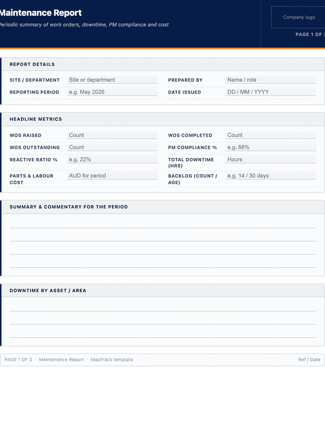 Maintenance report template template preview showing fields and layout