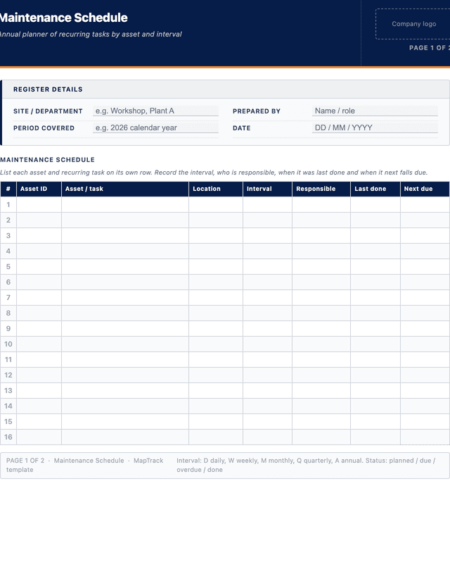 Maintenance schedule template template preview showing fields and layout