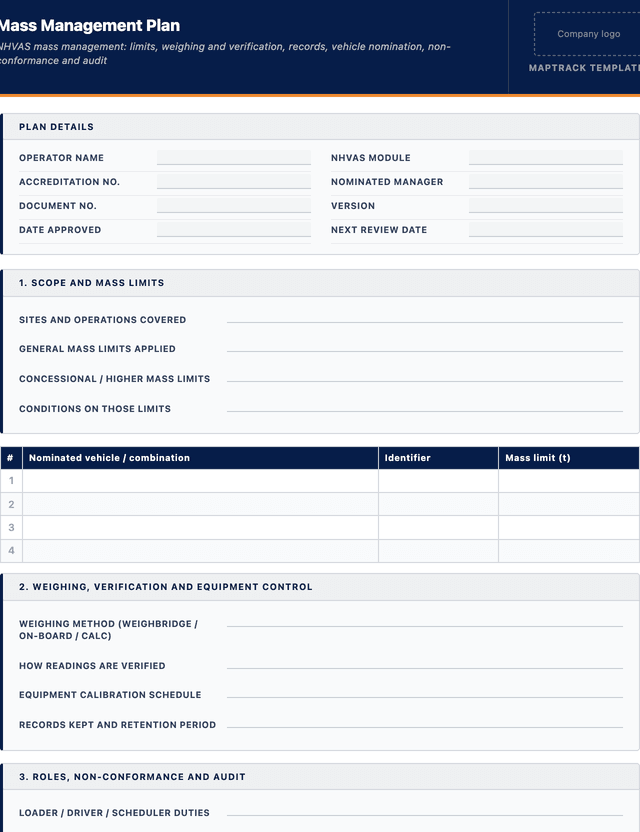 Mass management plan template template preview showing fields and layout