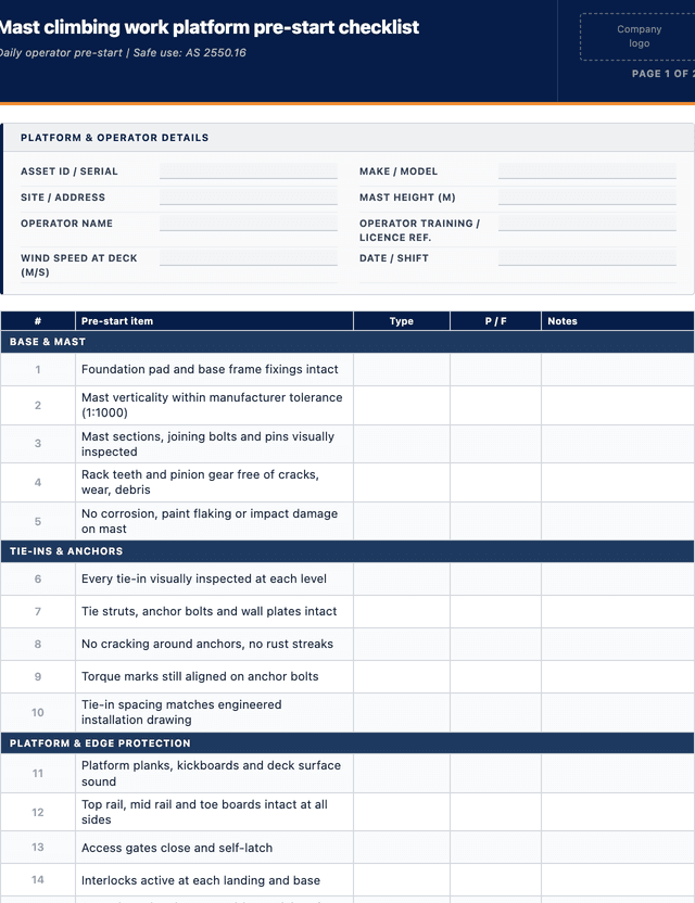 Mast Climbing Work Platform Pre-Start Checklist template preview showing fields and layout